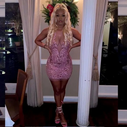 Vestidos de cumpleaños con diamantes de imitación rosas para niñas negras, vestidos cortos de fiesta con cuello transparente, vestidos de gala para fiesta 