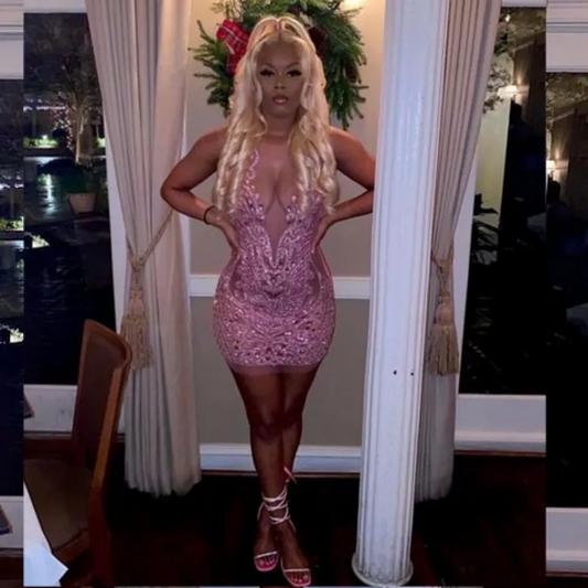 Vestidos de aniversário com strass rosa para meninas negras, decote transparente, vestidos curtos de baile, vestidos de festa para gala 
