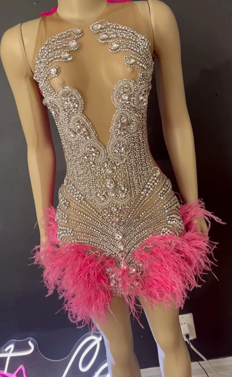 Robe de soirée d'anniversaire rose brillant pour femme, robe de bal courte en tulle avec perles et strass 