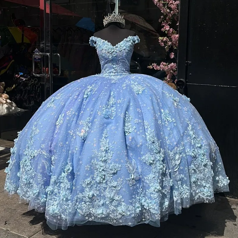 فستان كوينسيانيرا أزرق فاتح مزين بفيونكة من Vestido De XV Años بدون أكتاف للفتيات المكسيكيات لحفلات أعياد الميلاد الخامسة عشرة