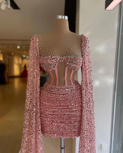 Lindos vestidos de coquetel rosa com capa, espartilho, top, lantejoulas, pregas, vestidos curtos de baile, decote transparente, miçangas, vestido de festa de noiva 