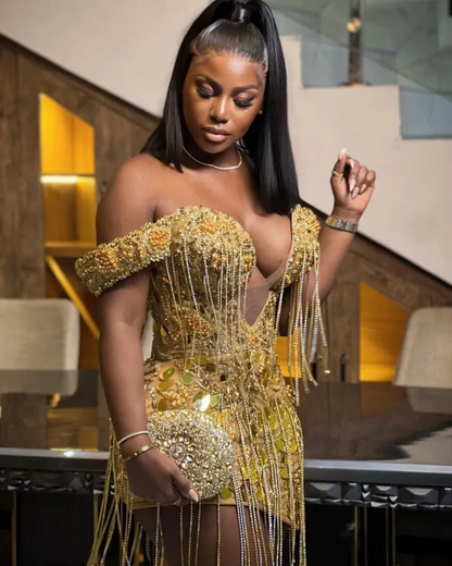 Vestidos de fiesta con hombros descubiertos y borlas y cuentas, tallas grandes, para mujer africana, vestido de cóctel 
