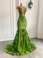 Real Picture Long Sparkly Prom Dresses 2023 Sexy Mermaid Style Sheer O-neck Mint Green Black Girl Prom Gala Party Gowns