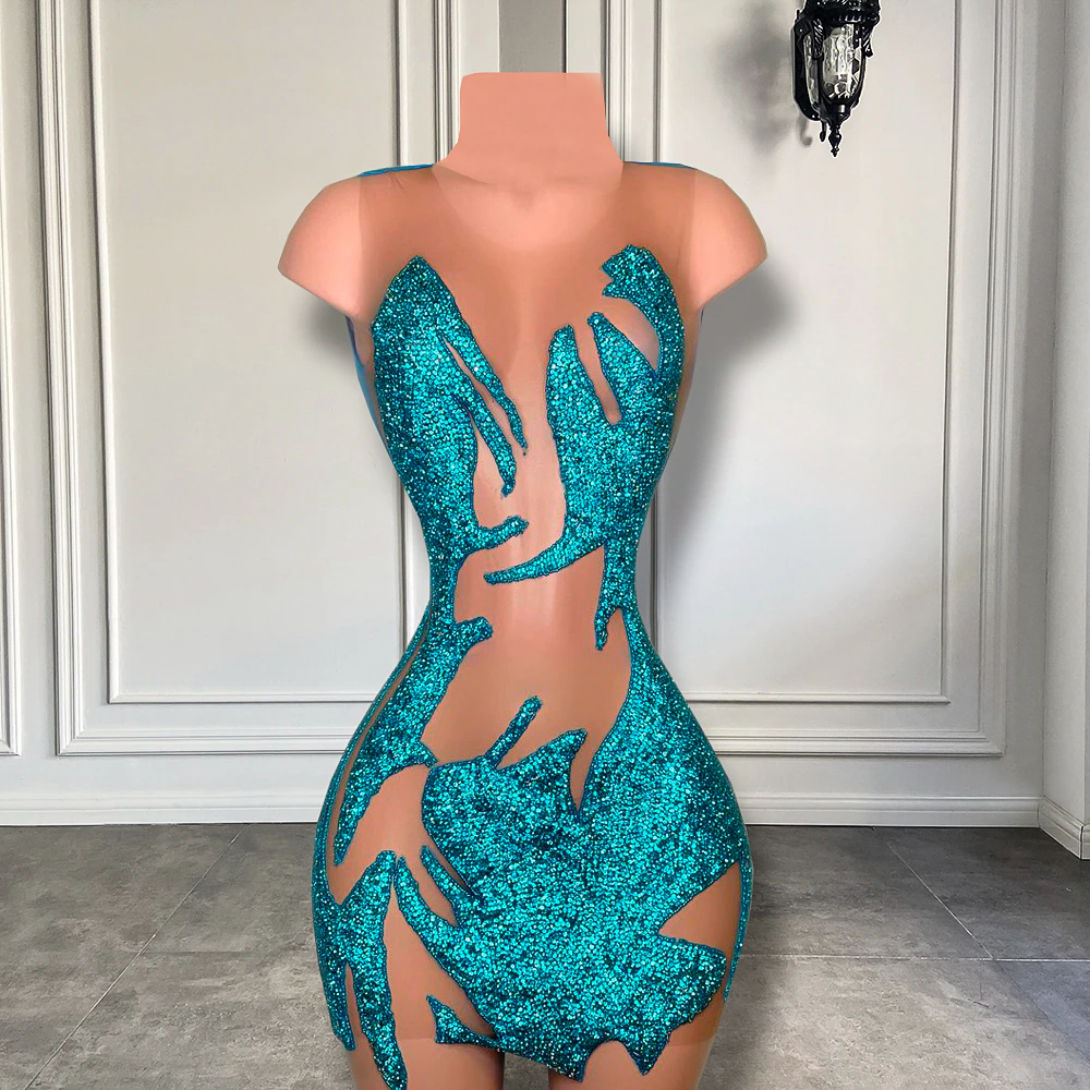 Sexy Sheer See Through Women Cocktail Birthday Party Gowns Blue Crystals Black Girl Short Prom Dresses 2023