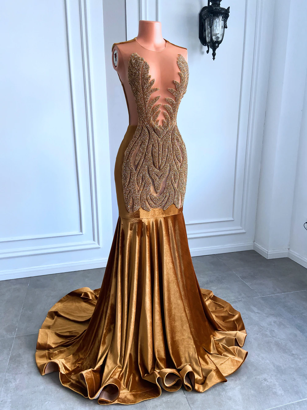 Long Gold Prom Dresses 2023 Real Picture Sheer Top Luxury Sparkly Diamond Velvet Black Girl Mermaid Prom Party Gala Gowns