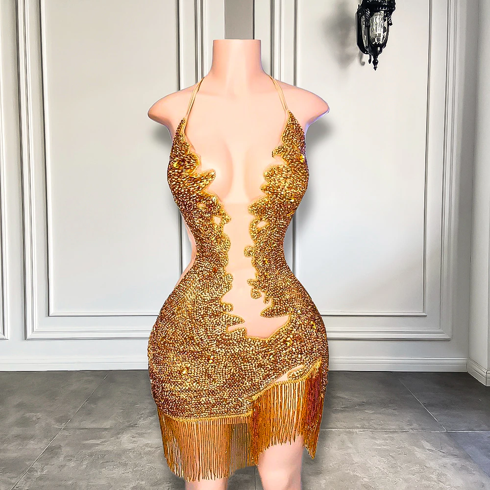 Sparkly Diamond Sexy Sheer See Through Halter Black Girls Mini Gold Short Prom Dresses 2023 For Birthday Party