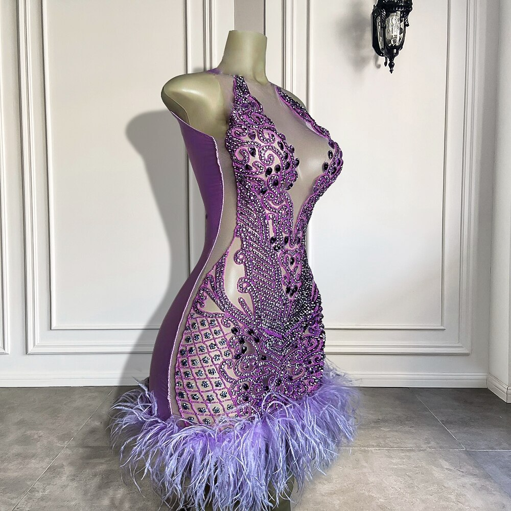 New Luxury Sparkly Purple Diamond Women Birthday Party Gowns Feather Mini Short Prom Dresses 2023 For Black Girls