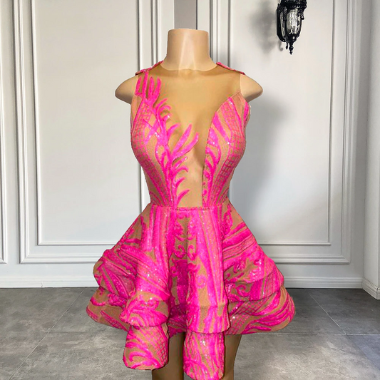 Lindos vestidos curtos de baile para meninas, transparentes, com decote redondo, rosa choque, lantejoulas, pretos, para festa de aniversário 