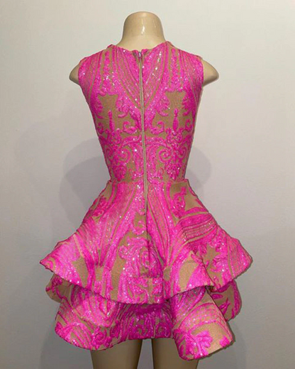 Lindos vestidos curtos de baile para meninas, transparentes, com decote redondo, rosa choque, lantejoulas, pretos, para festa de aniversário 