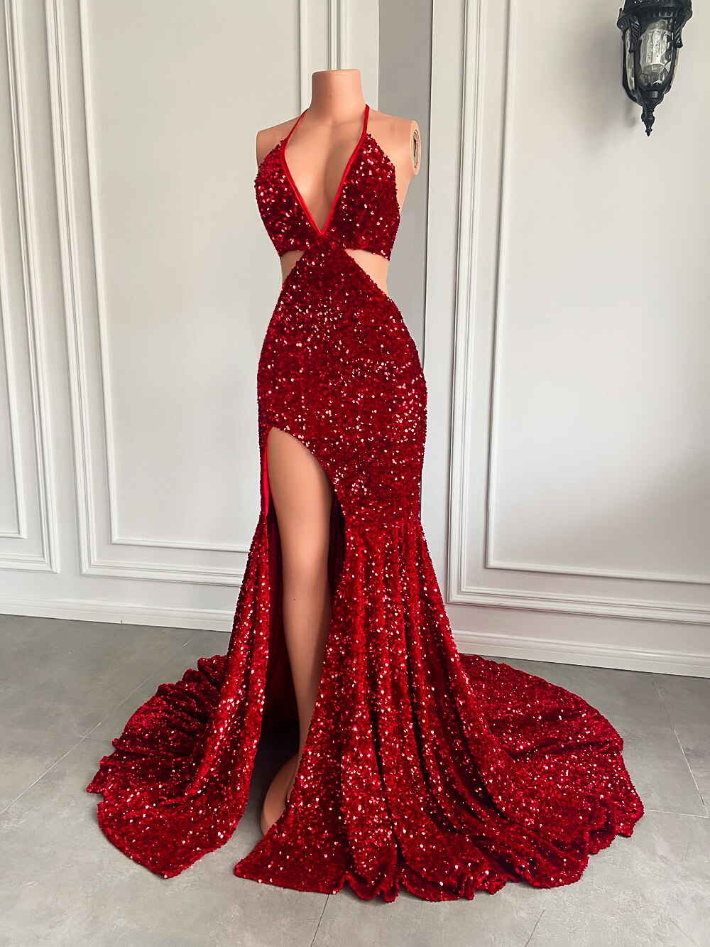 Long Sexy Prom Dresses 2023 Mermaid High Slit Halter Sparkly Red Sequin African Black Girls Prom Gala Party Gowns