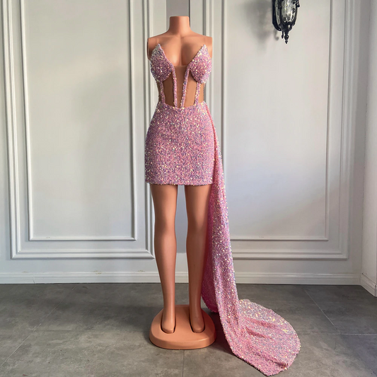 Novos vestidos de baile africanos pretos com lantejoulas rosa brilhantes e malha transparente para festa de aniversário