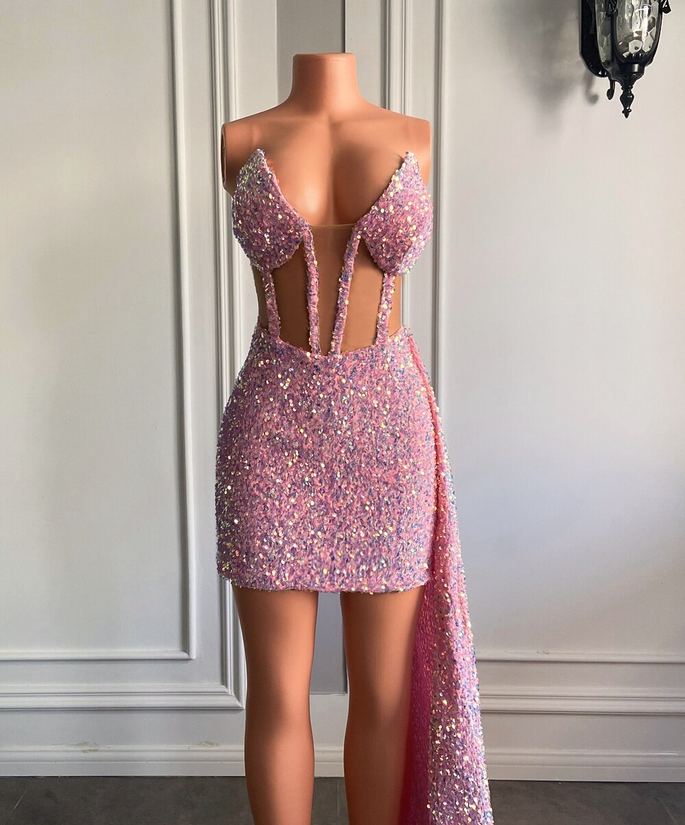 Novos vestidos de baile africanos pretos com lantejoulas rosa brilhantes e malha transparente para festa de aniversário
