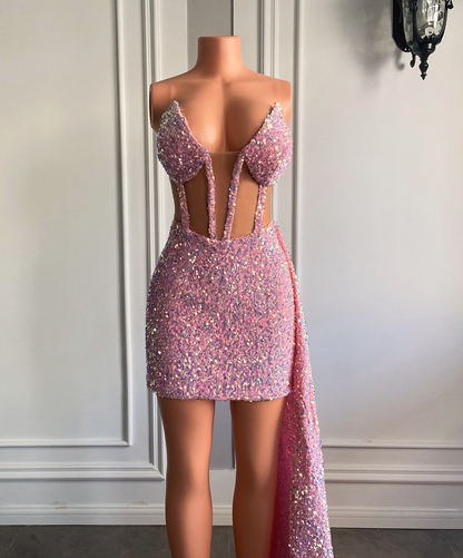 Novos vestidos de baile africanos pretos com lantejoulas rosa brilhantes e malha transparente para festa de aniversário