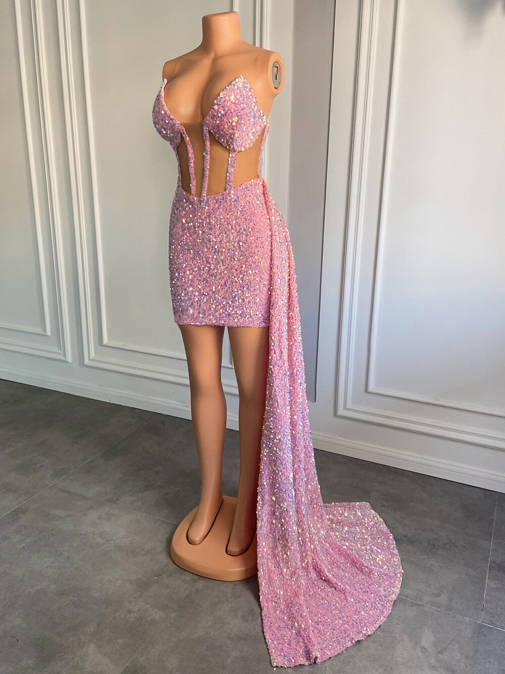 Novos vestidos de baile africanos pretos com lantejoulas rosa brilhantes e malha transparente para festa de aniversário