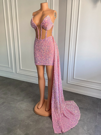 Novos vestidos de baile africanos pretos com lantejoulas rosa brilhantes e malha transparente para festa de aniversário