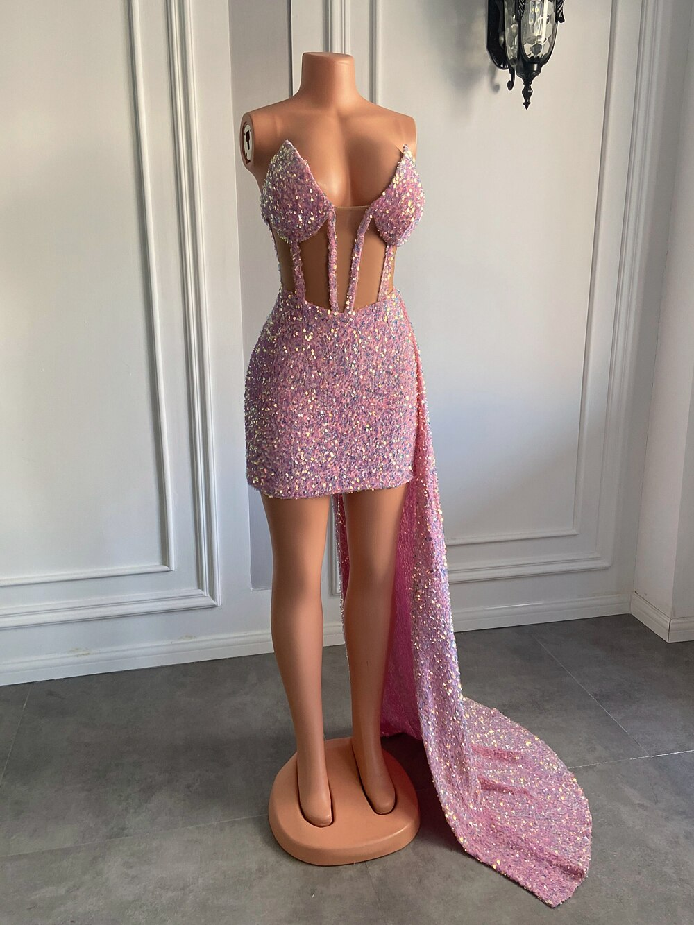 Novos vestidos de baile africanos pretos com lantejoulas rosa brilhantes e malha transparente para festa de aniversário