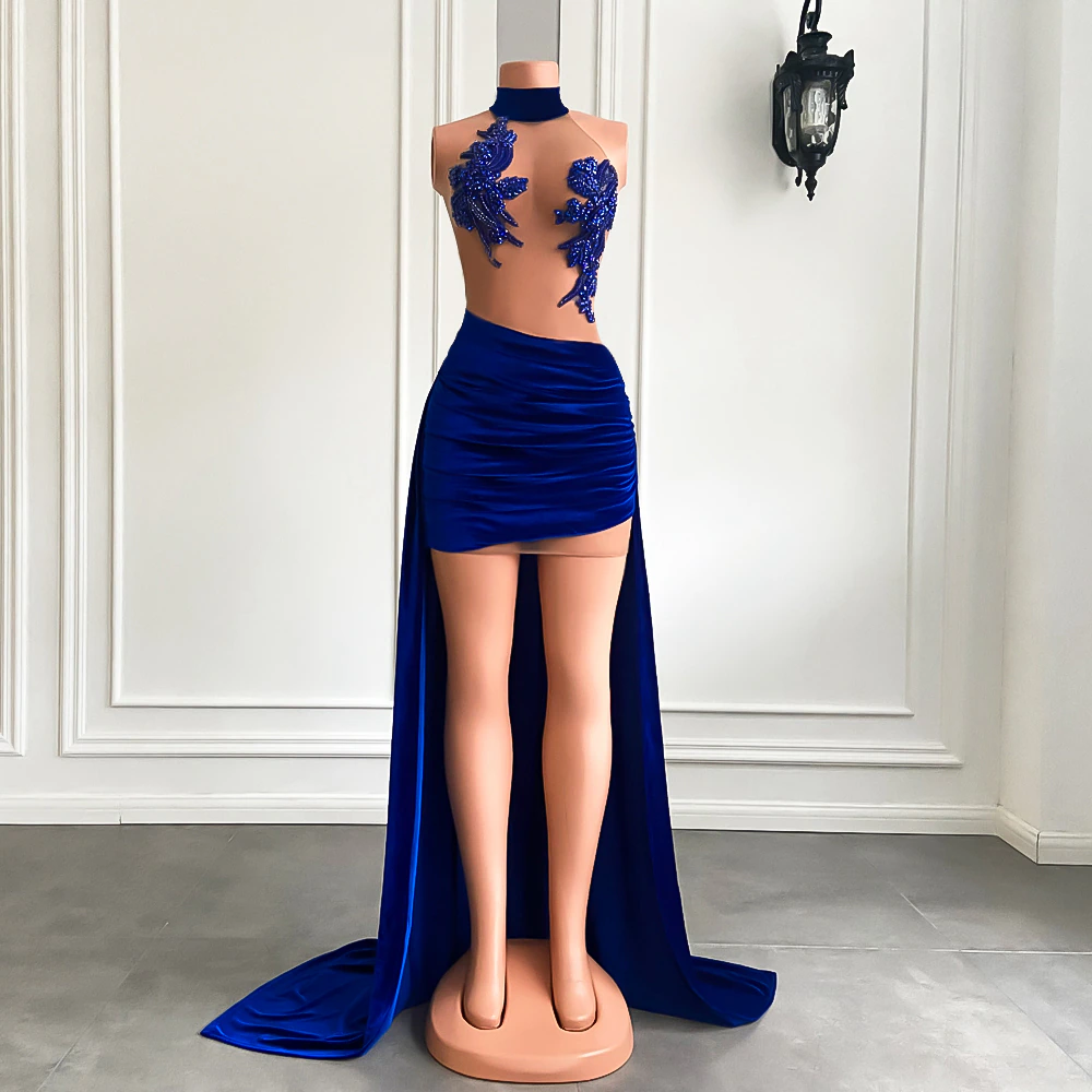 Robe de soirée sexy transparente à perles scintillantes pour femme, courte devant, longue derrière, en velours noir, robe de bal courte 