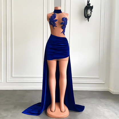 Robe de soirée sexy transparente à perles scintillantes pour femme, courte devant, longue derrière, en velours noir, robe de bal courte 