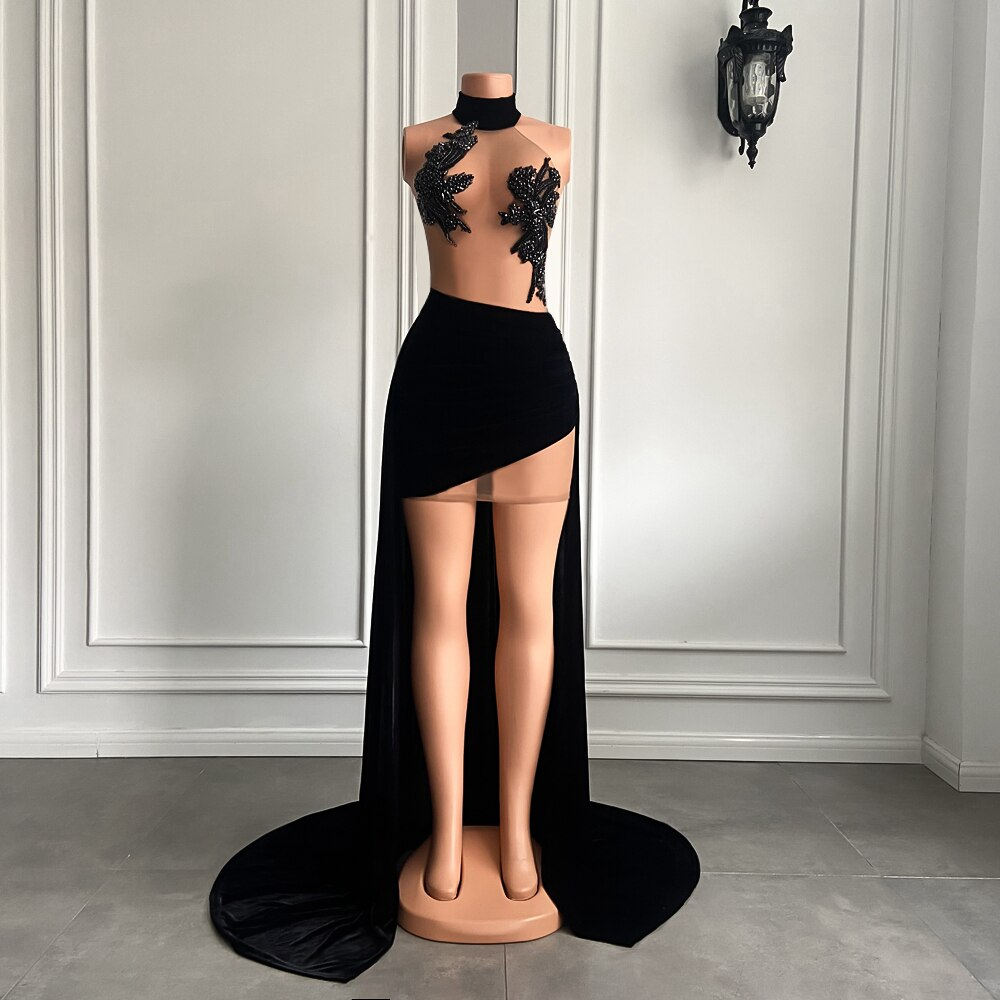 Robe de soirée sexy transparente à perles scintillantes pour femme, courte devant, longue derrière, en velours noir, robe de bal courte 