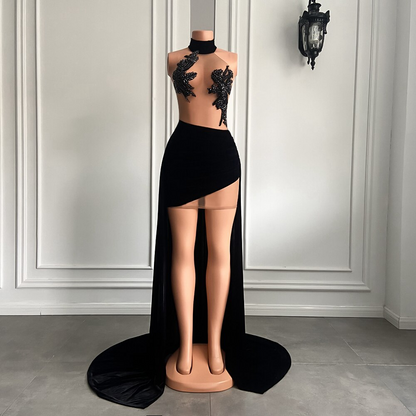 Robe de soirée sexy transparente à perles scintillantes pour femme, courte devant, longue derrière, en velours noir, robe de bal courte 