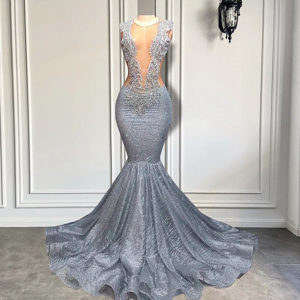 Long Glitter Prom Dresses 2023 Mermaid Style Sexy Sheer Top Luxury Sparkly Beaded Silver Black Girl Formal Prom Gala Gowns