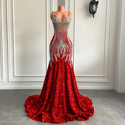 Robe de bal longue rouge scintillante, luxueuse, argentée, diamantée, style sirène, ajustée, noire, en maille transparente