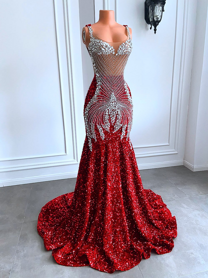Robe de bal longue rouge scintillante, luxueuse, argentée, diamantée, style sirène, ajustée, noire, en maille transparente