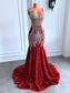 Long Red Prom Dresses 2023 Sparkly Luxury Silver Diamond Crystals Mermaid Style Fitted Black Girl Sheer Mesh Prom Gala Gowns
