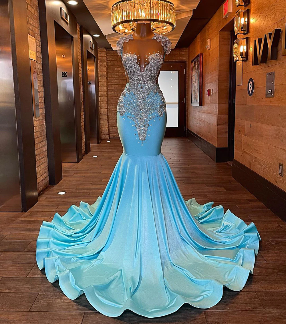 Long Sparkly Prom Dresses 2023 Sexy Sheer Top Luxury Diamond Light Blue Black Girls Mermaid Prom Gala Party Gowns