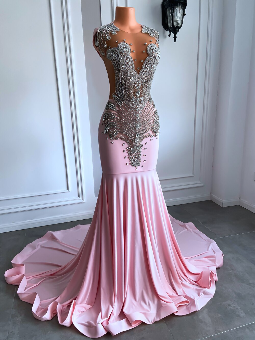Long Sparkly Prom Dresses 2023 Sexy Sheer Top Luxury Diamond Light Blue Black Girls Mermaid Prom Gala Party Gowns