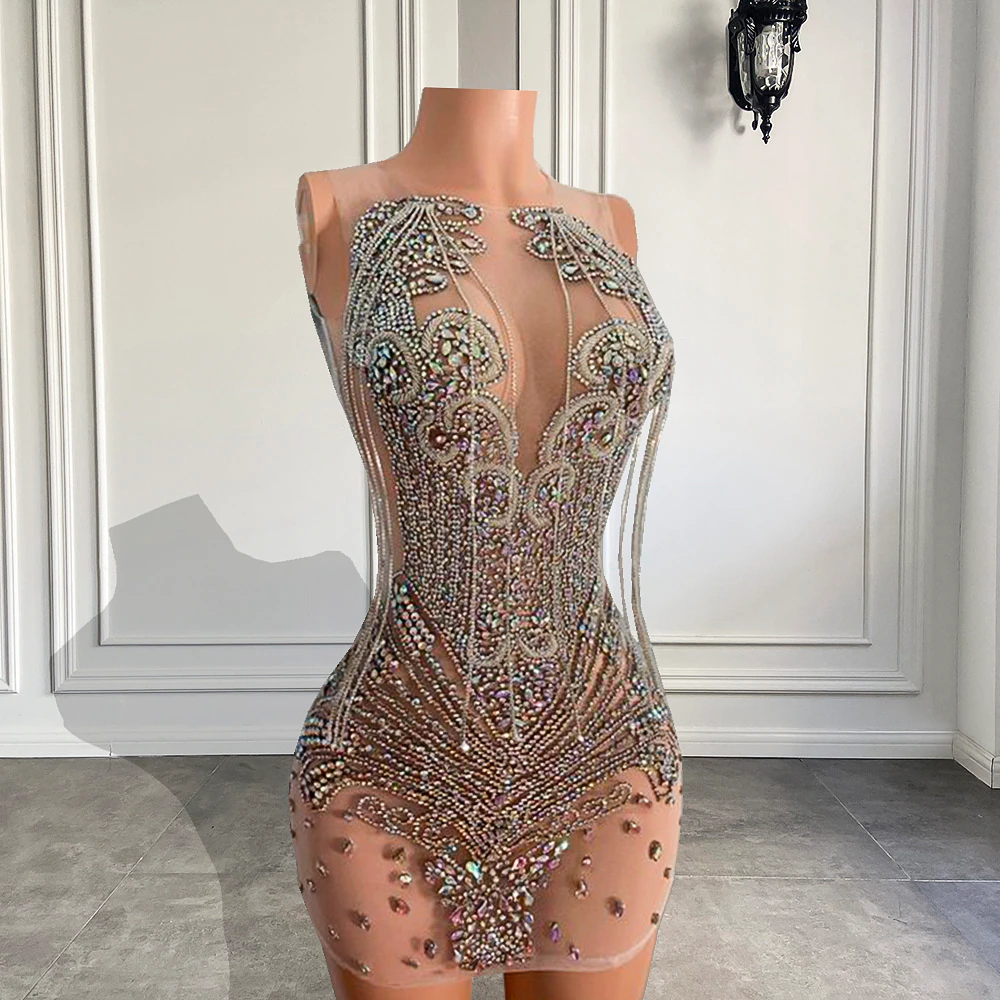 Vestidos de baile curtos de luxo, cristais de contas de luxo, vestidos de coquetel africanos prateados para festa 