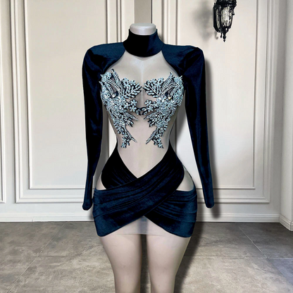 Robe de bal courte à manches longues et col montant, transparente, avec cristaux argentés scintillants, en velours noir, pour filles africaines, pour anniversaire 