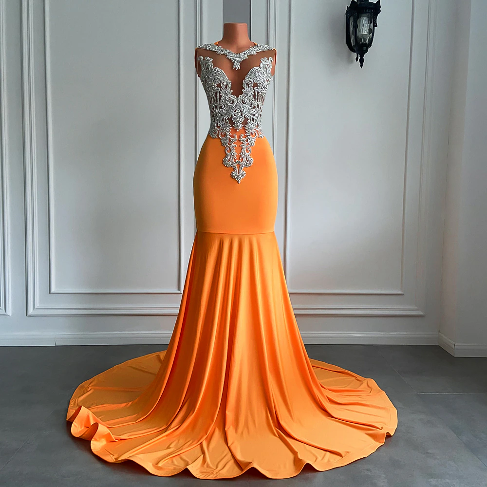 Vestidos longos de baile laranja, estilo sereia, sexy, ajustados, bordados com contas prateadas, laranja, elastano, preto, para meninas, vestidos formais de baile 