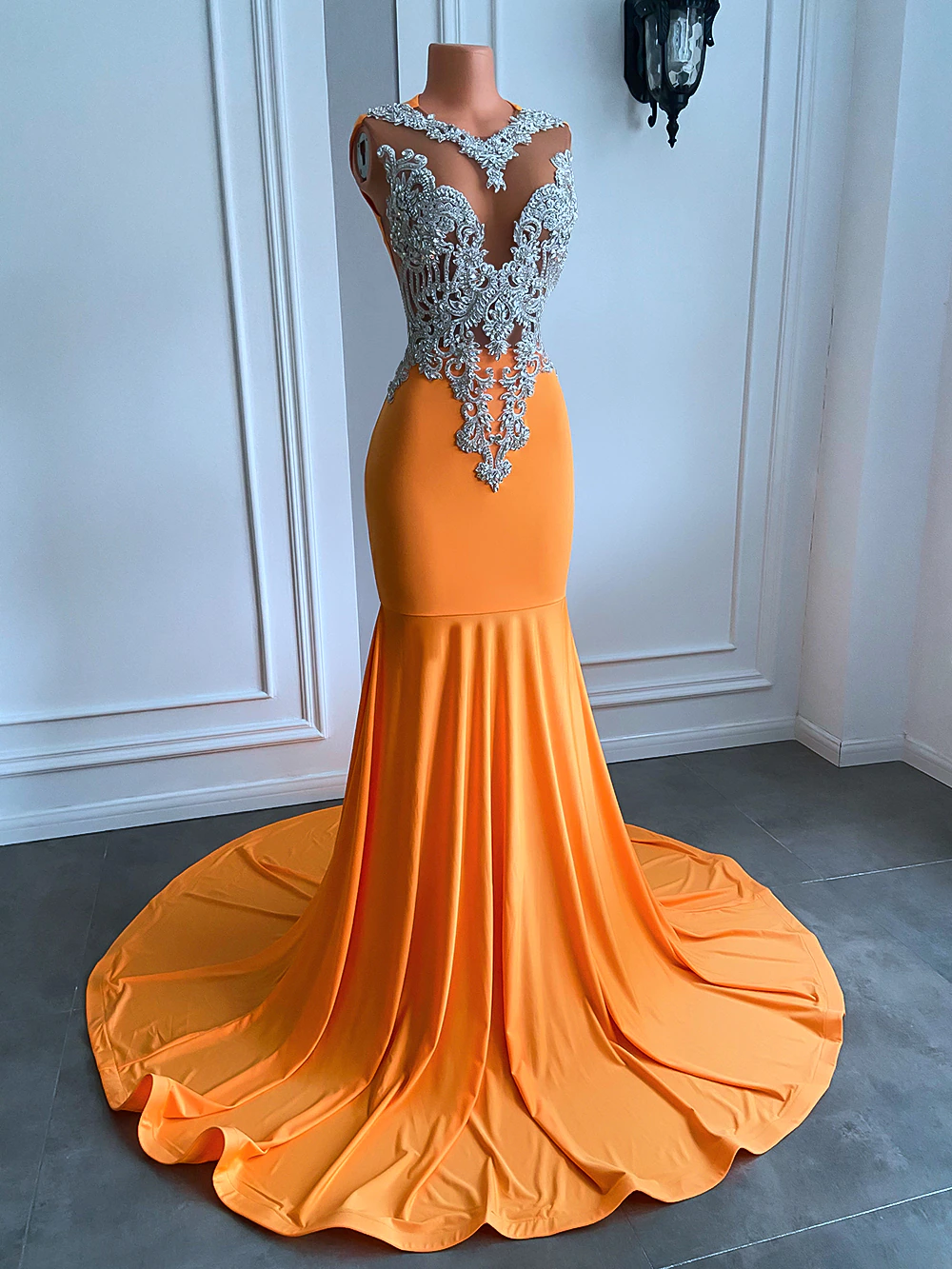 Vestidos longos de baile laranja, estilo sereia, sexy, ajustados, bordados com contas prateadas, laranja, elastano, preto, para meninas, vestidos formais de baile 