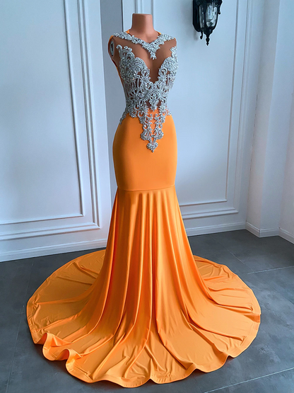 Vestidos longos de baile laranja, estilo sereia, sexy, ajustados, bordados com contas prateadas, laranja, elastano, preto, para meninas, vestidos formais de baile 