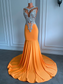 Long Orange Prom Dresses 2023 Sexy Mermaid Style Fitted Silver Beaded Embroidery Orange Spandex Black Girl Prom Formal Gowns