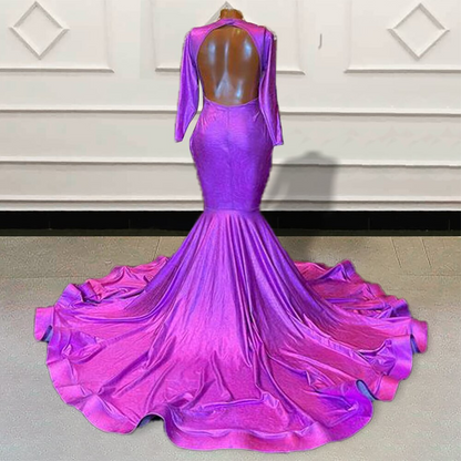 Vestido longo de baile sereia roxo com contas brilhantes para festa de formatura, mangas compridas, costas nuas, vestido de noite formal personalizado para mulheres 
