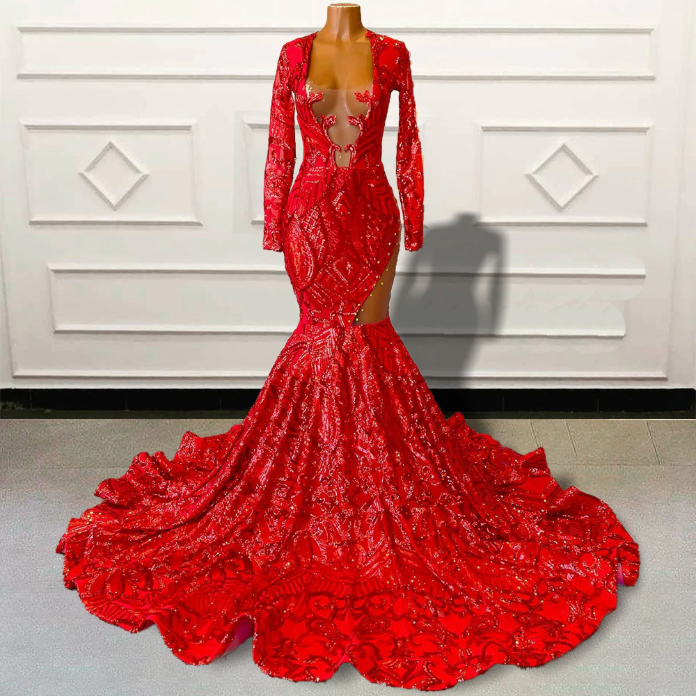 Sparkly Sequin Red Mermaid Long Prom Dresses 2023 for Graduation Party Full Sleeves Black Girls Custom Occasion Evening Gown