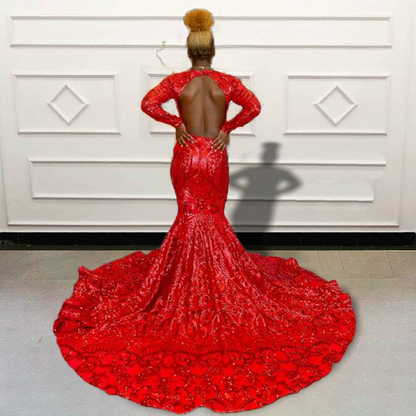 Vestidos longos de baile sereia vermelhos com lantejoulas brilhantes para festa de formatura, mangas compridas, pretos, para meninas, vestido de noite personalizado 