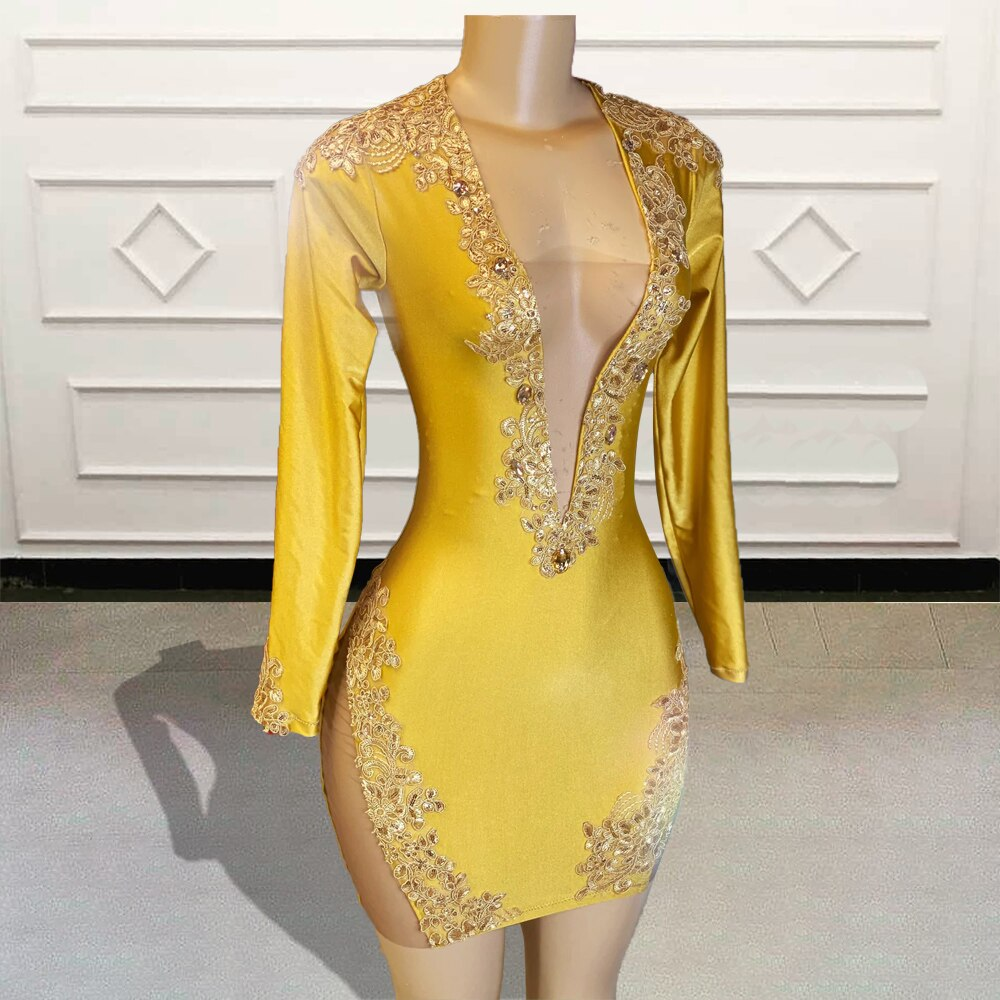 Robe de bal courte et sexy noire dorée pour filles, en dentelle, à manches longues et perles, mini robe de cocktail pour fête d'anniversaire, sur mesure 