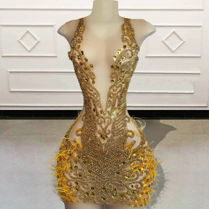 Vestidos curtos de baile dourados com contas brilhantes e diamantes para festa de aniversário, sexy, transparentes, pretos, para meninas, mini vestidos de coquetel 