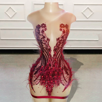 Robe de bal courte et transparente pour filles noires sexy pour fête d'anniversaire, paillettes scintillantes, plumes, robes de cocktail rouges personnalisées pour femmes 