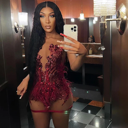 Robe de bal courte et transparente pour filles noires sexy pour fête d'anniversaire, paillettes scintillantes, plumes, robes de cocktail rouges personnalisées pour femmes 