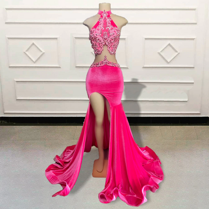Vestidos de fiesta largos de sirena rosa sexy con abertura y cristales brillantes de diamante para mujer, vestidos de noche formales de terciopelo para fiesta de cumpleaños