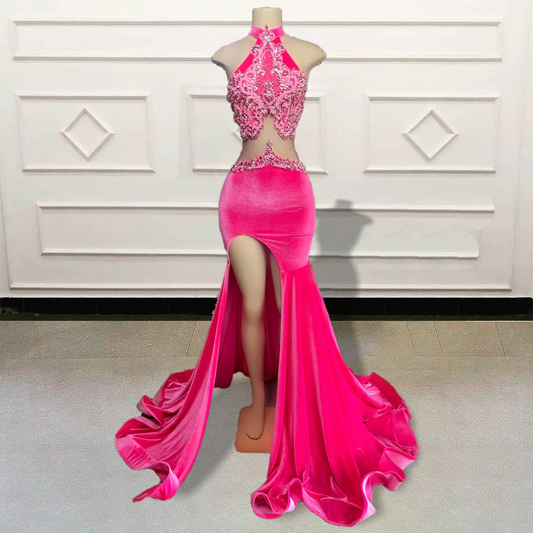 Vestidos de baile longos de sereia rosa sensuais com fenda, cristais brilhantes e diamantes, vestidos formais de veludo para festa de aniversário