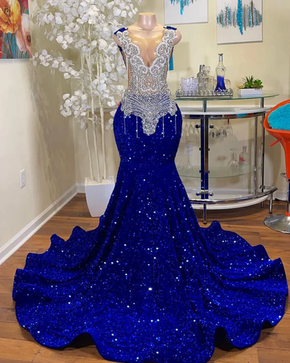 Vestido longo de baile azul royal para meninas, estilo sereia, transparente, luxuoso, com cristais prateados brilhantes e diamantes, preto