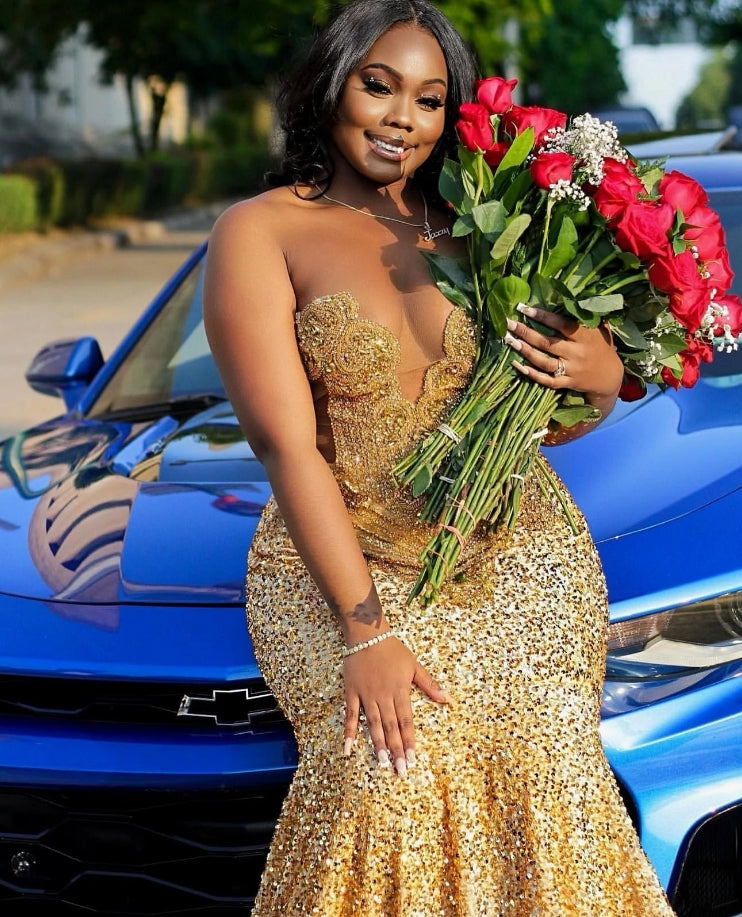Robe de bal sirène à paillettes dorées pour filles noires, robe de gala de fête en perles et strass
