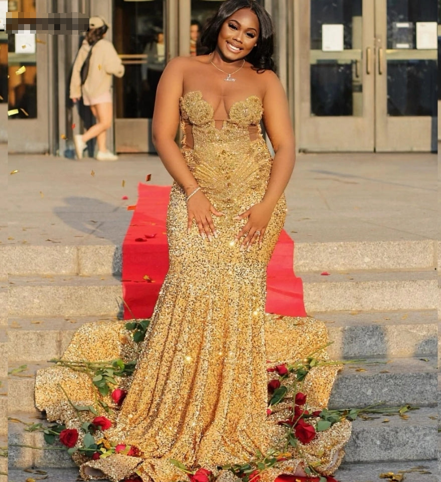 Robe de bal sirène à paillettes dorées pour filles noires, robe de gala de fête en perles et strass