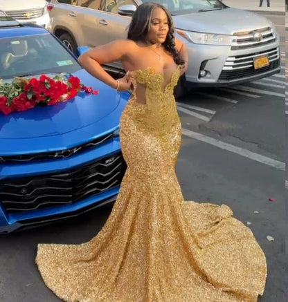 Robe de bal sirène à paillettes dorées pour filles noires, robe de gala de fête en perles et strass