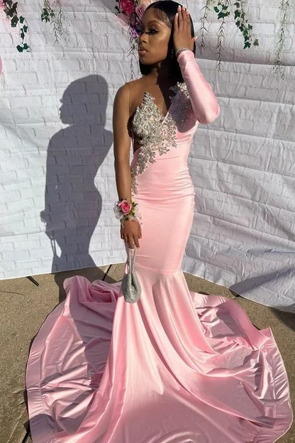 Vestido de baile sereia rosa com mangas curtas e apliques 